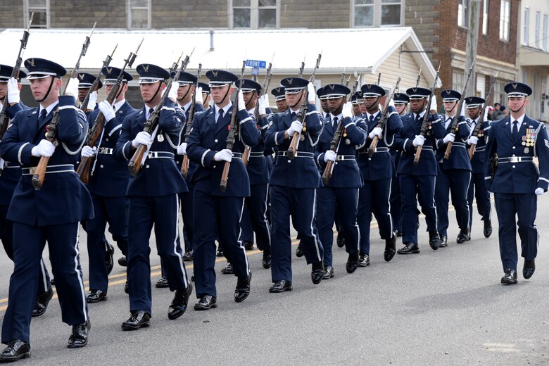 The U.S. Air Force Honor Guard parade element marches in the 3rd Annual Eastern Shore Veterans Day Parade in downtown Laurel, DE., Nov. 14, 2015. Participants in the parade are there to show their support for those who have served and are currently serving in the U.S. Armed Forces. (U.S. Air Force photo/ Staff Sgt. Matt Davis)