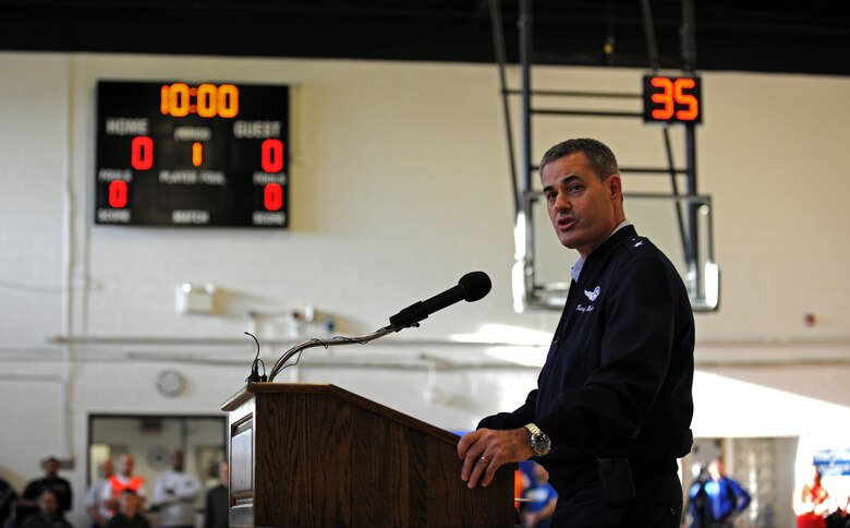 Brig. Gen. Lenny J. Richoux, Air Force Services director, welcomes wounded warriors at the opening ceremonies of the Northeast Region Warrior CARE Event at Joint Base Andrews, Md., Nov. 16. The event is in conjunction with Warrior Care Month, a month dedicated to honoring the courage, resilience and accomplishments of wounded, ill and injured service members, their families and their caregivers. (U.S. Air Force Photo/Tech. Sgt. Brian Ferguson)