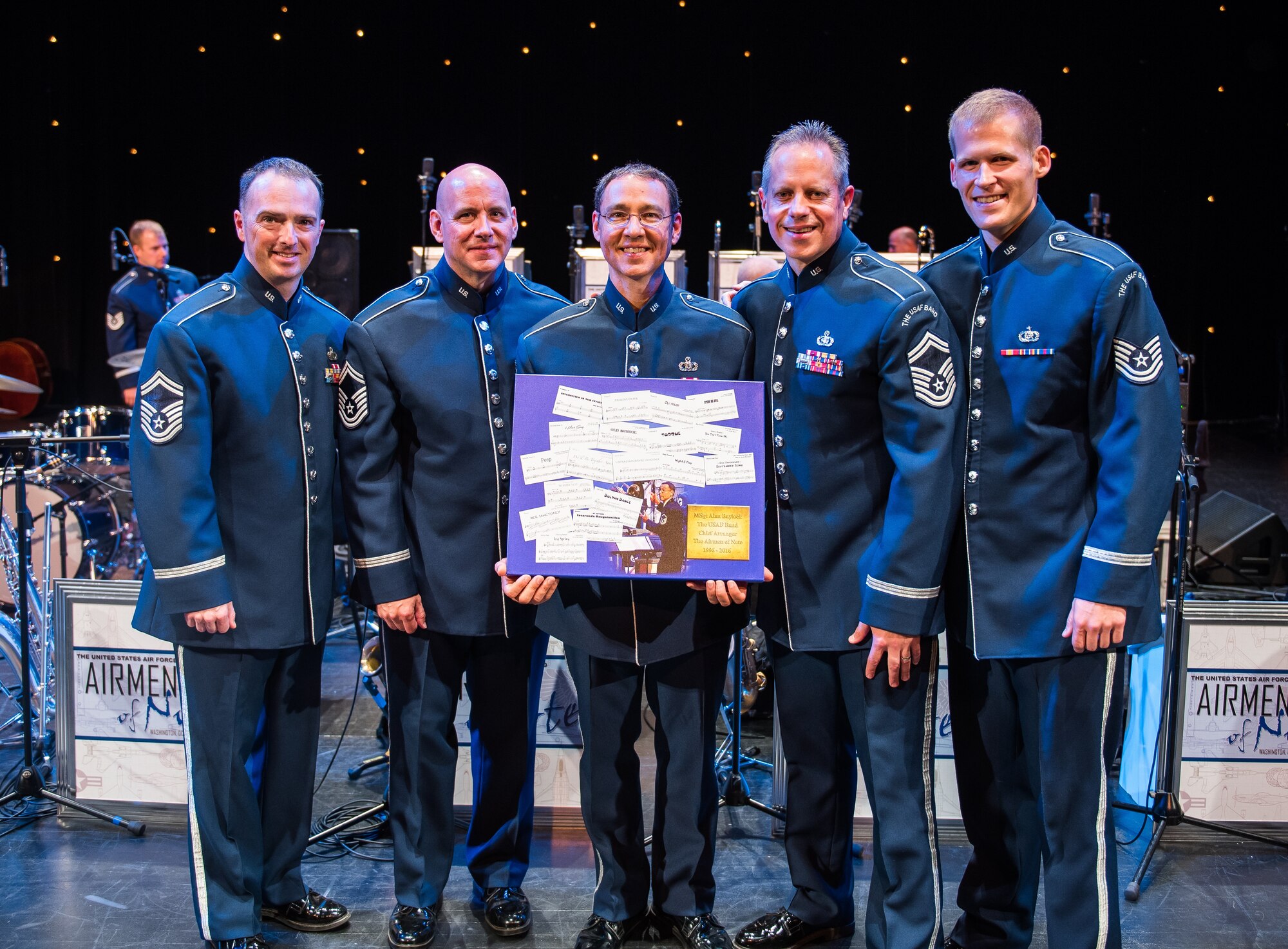 The Airmen of Note trumpet section poses with Master Sgt. Alan Baylock during his farewell tour. From left to right: Senior Master Sgt. Brian MacDonald, Senior Master Sgt. Tim Leahey, Master Sgt. Alan Baylock, Senior Master Sgt. Kevin Burns and Technical Sgt. Luke Brandon. (Air Force Photo/released)

