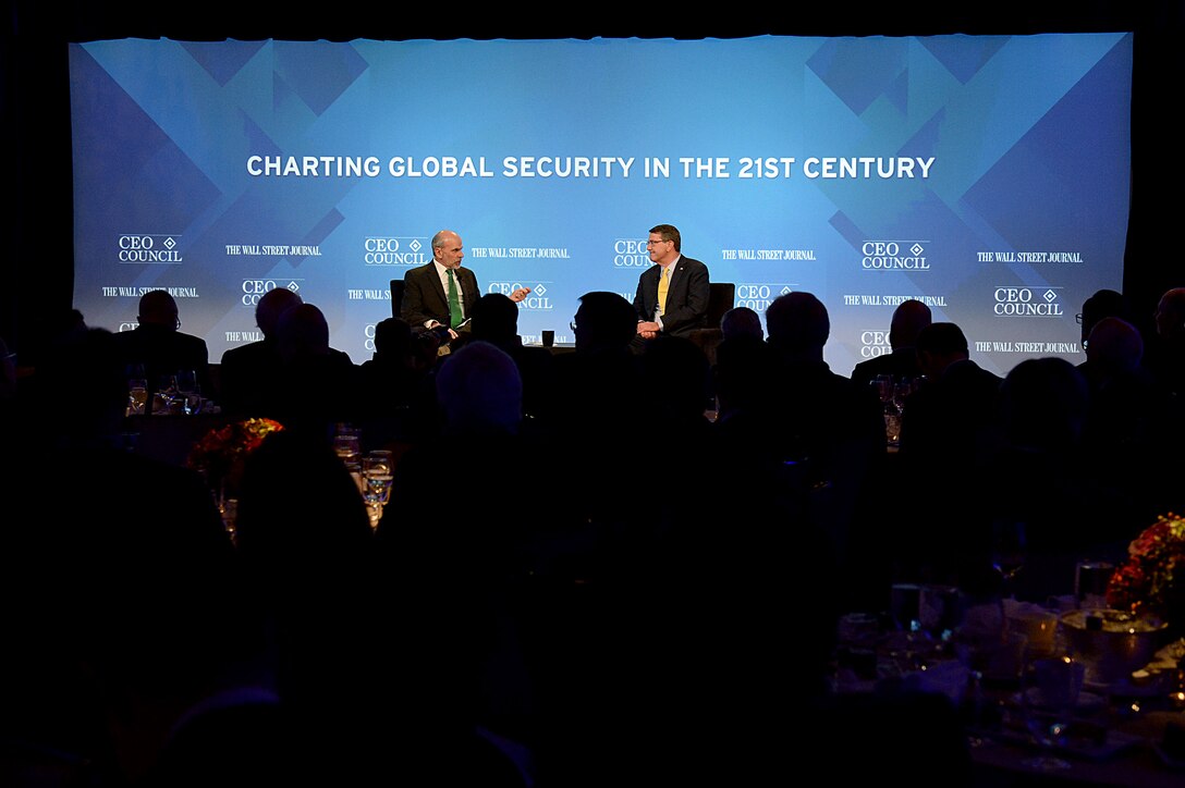Defense Secretary Ash Carter, right, talks with Gerald F. Seib, Wall Street Journal Washington bureau chief, during a moderated discussion on global security in the 21st century at the Wall Street Journal CEO Council annual meeting in Washington, D.C., Nov. 16, 2015. DoD photo by U.S. Army Sgt. 1st Class Clydell Kinchen