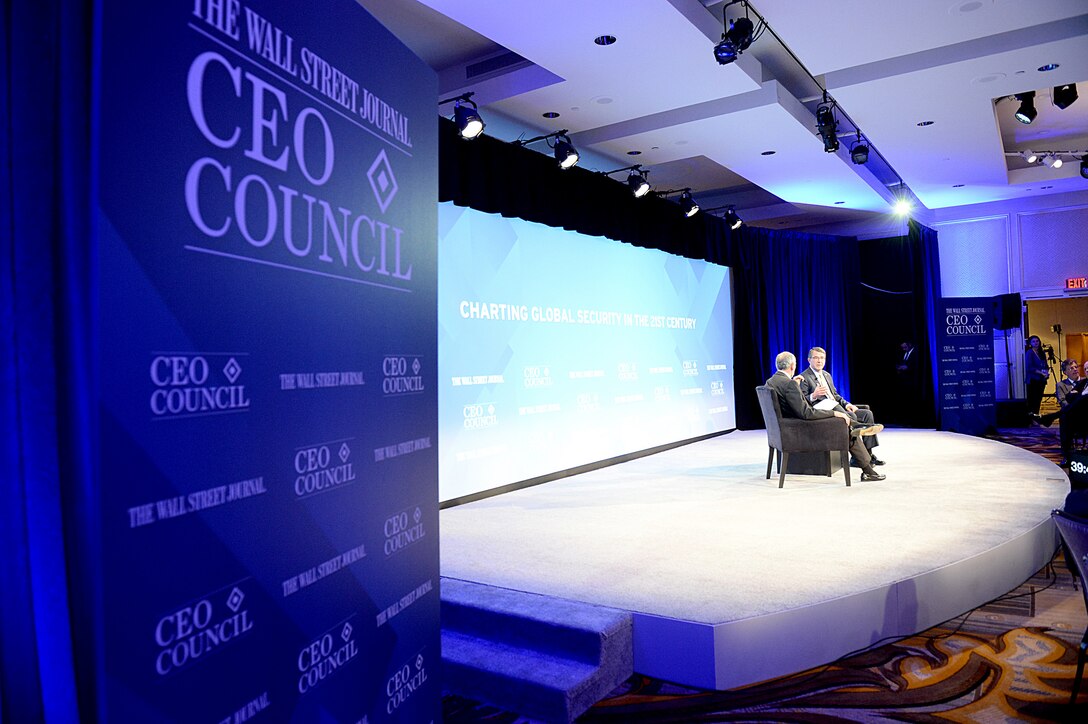 Defense Secretary Ash Carter discusses global security in the 21st century with Gerald F. Seib, Wall Street Journal Washington bureau chief, at the Wall Street Journal CEO Council annual meeting in Washington, D.C., Nov. 16, 2015. DoD photo by U.S. Army Sgt. 1st Class Clydell Kinchen
