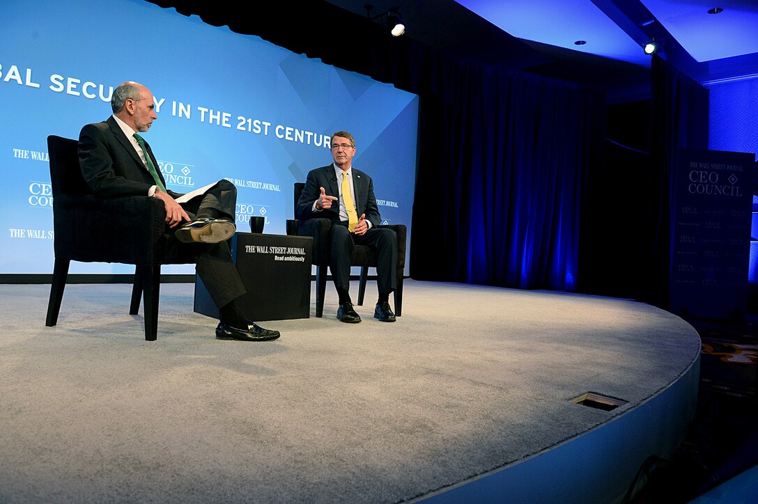 Defense Secretary Ash Carter participates in a moderated discussion on global security in the 21st century at the Wall Street Journal CEO Council annual meeting in Washington, D.C., Nov. 16, 2015. DoD photo by U.S. Army Sgt. 1st Class Clydell Kinchen