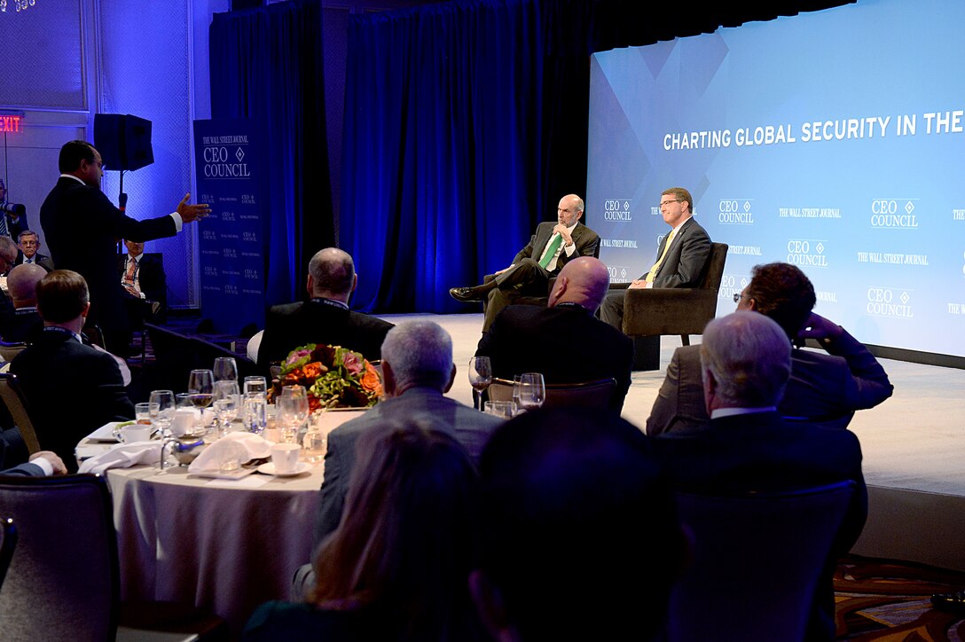Defense Secretary Ash Carter discusses global security in the 21st century with Gerald F. Seib at the Wall Street Journal CEO Council annual meeting in Washington, D.C., Nov. 16, 2015. DoD photo by U.S. Army Sgt. 1st Class Clydell Kinchen