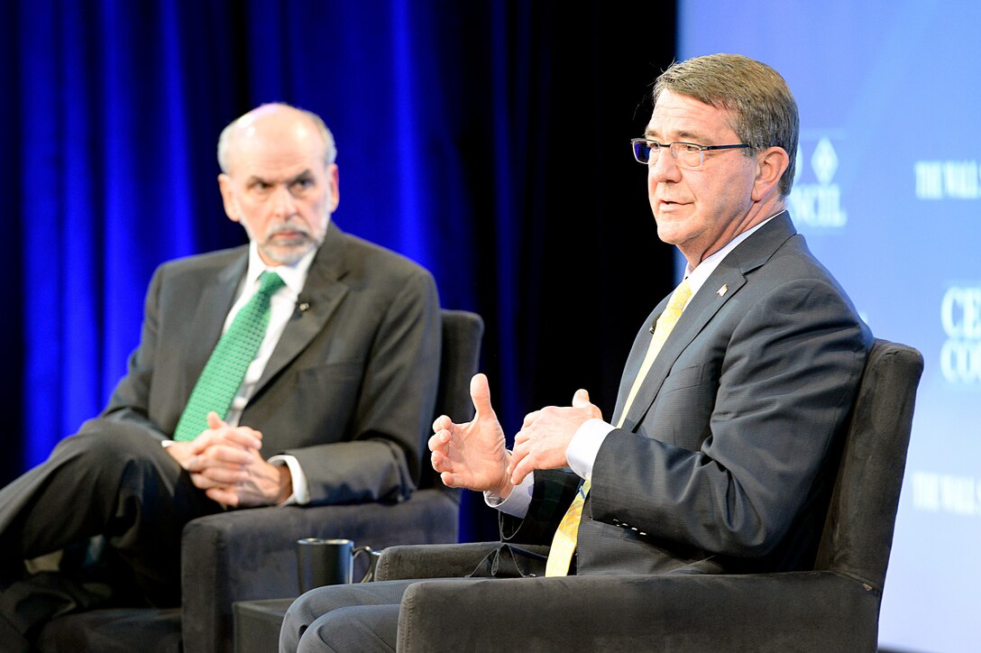 Defense Secretary Ash Carter, right, speaks during a moderated discussion on global security in the 21st century at the Wall Street Journal CEO Council annual meeting in Washington, D.C., Nov. 16, 2015. DoD photo by U.S. Army Sgt. 1st Class Clydell Kinchen