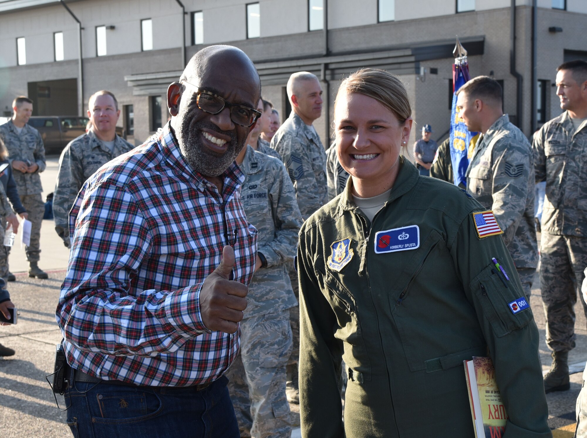 Al Roker, “TODAY” Show weatherman, poses with U.S. Air Force Reserve Hurricane Hunter Capt. Kimberly Spusta, an aerial reconnaissance weather officer with the 53rd Weather Reconnaissance Squadron at Keesler Air Force Base, Mississippi. Roker did a forecast at Keesler Air Force Base, Mississippi, Nov. 11, 2015, in front of students from the 81st Weather Training Flight and a 403rd Wing WC-130J. As part of “Rokerthon 2,” the weatherman is doing a forecast from each of the 50 states in seven days and started Nov. 6, 2015. Last year, Roker earned a Guinness World Record title for the longest weather forecast even 34 hours straight. (U.S. Air Force photo/Maj. Marnee A.C. Losurdo)