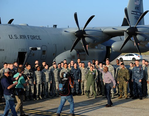 Al Roker, TODAY Show weather anchor, delivers a weather report during a segment of the TODAY Show on the flight line at Keesler Air Force Base, Mississippi, Nov. 11, 2015. Keesler was one stop during the show’s Rokerthon 2 as Roker attempts a world record by reporting national and local weather from all 50 states. (U.S. Air Force photo by Kemberly Groue)