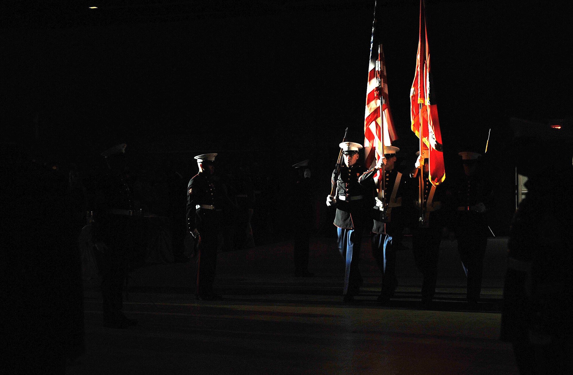 Goodfellow’s Joint Service Color Guard members present the Colors during the United States Marine Corps Ball at the McNease Convention Center, San Angelo, Texas, Nov. 14, 2015. The ball celebrated the Marine Corps’ 240th birthday and honored past and present Marines. (U.S. Air Force photo by Airman 1st Class Caelynn Ferguson/Released)