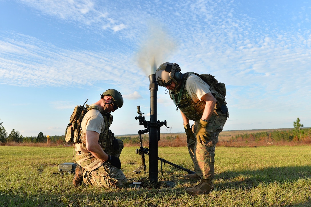 Army Green Berets fire a mortar system at training targets during Southern Strike 16 on Camp Shelby Joint Forces Training Center, Miss., Nov. 4, 2015. The Green Berets are assigned to Company C, 2nd Battalion, 20th Special Forces Group. New York Air National Guard photo by Staff Sgt. Christopher S. Muncy 