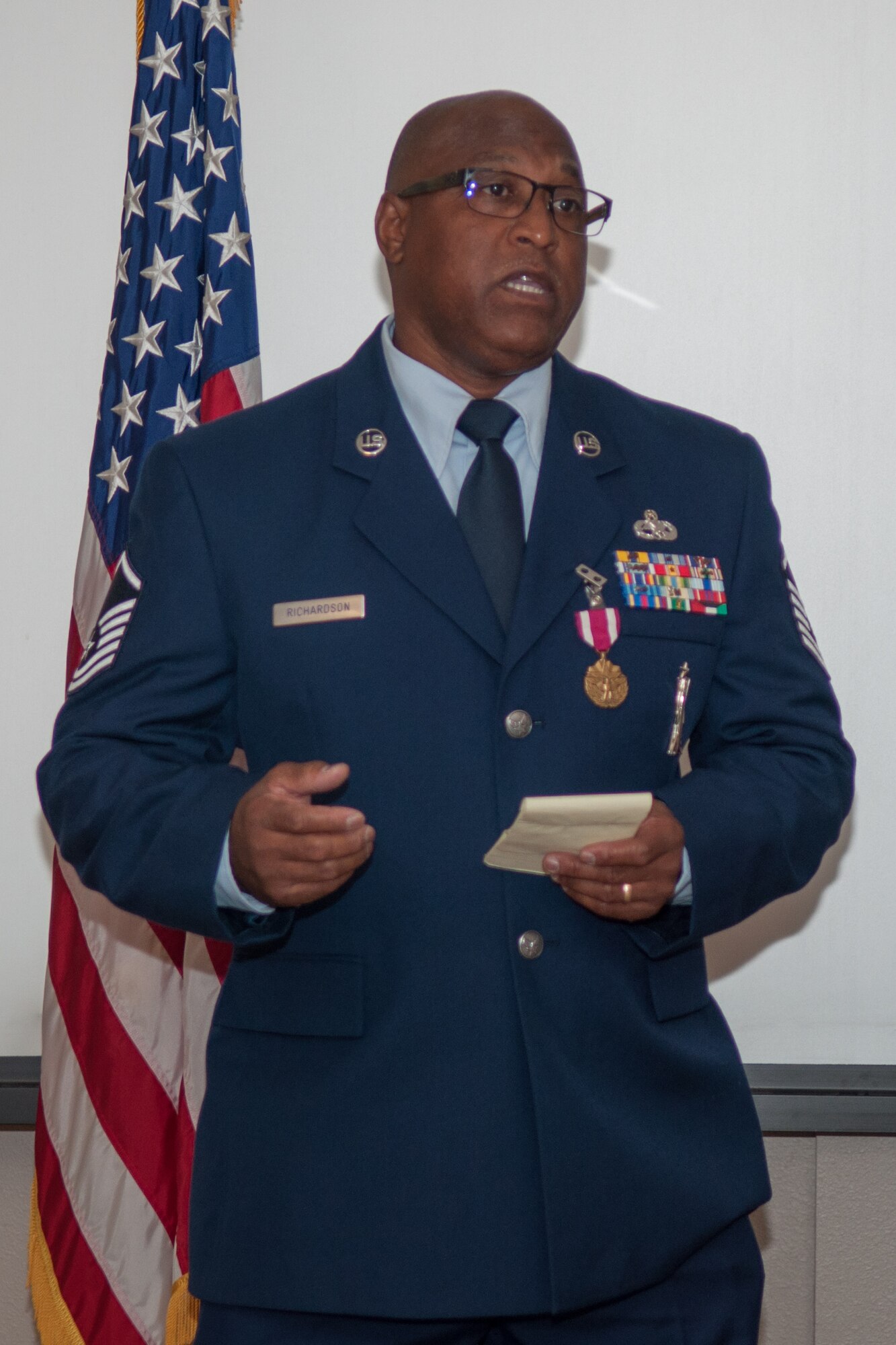 U.S. Air Force Master Sgt. Anthony Richardson speaks at the conclusion of his retirement ceremony on November 7, 2015 on Barksdale Air Force Base, La. Richardson is retiring as the Noncommissioned Officer in Charge of the Munitions Flight Line Delivery Section in the 307th Maintenance Squadron and has over 32 years of military service. (U.S. Air Force photo by Master Sgt. Dachelle Melville/Released)
