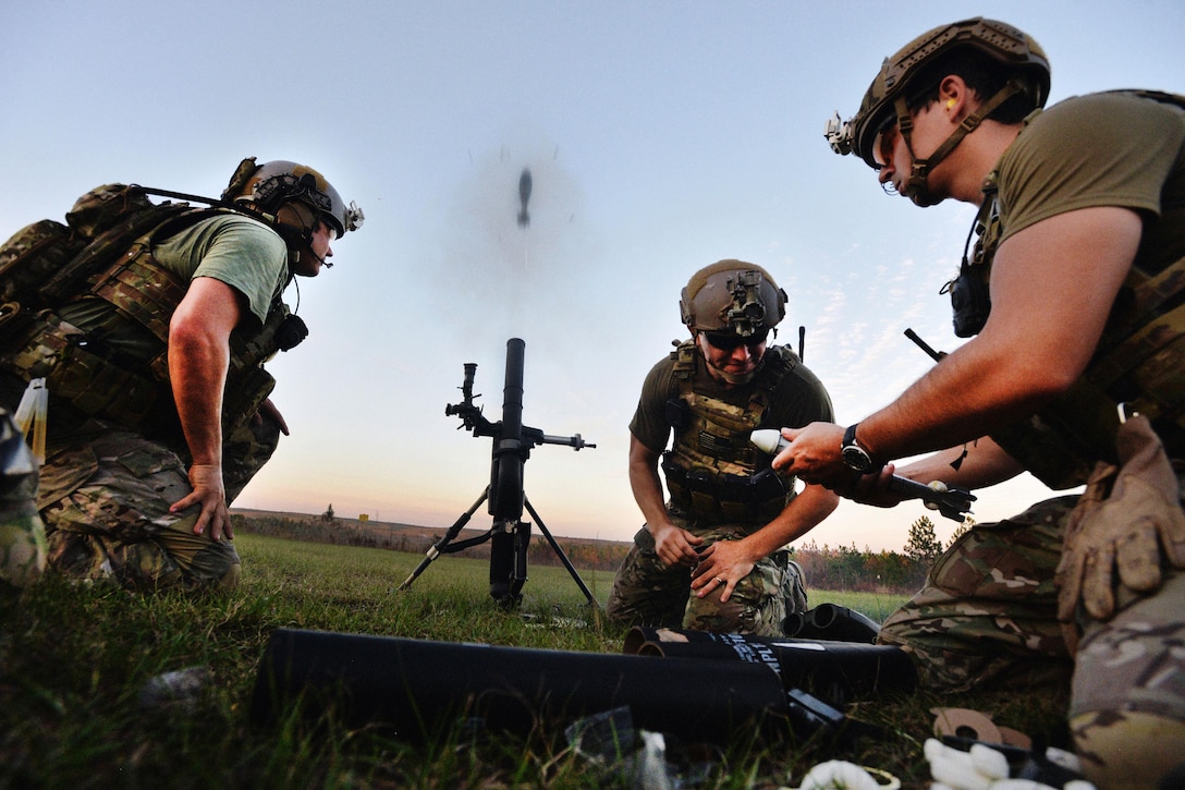 Army Green Berets fire a mortar system at training targets during  Southern Strike 16 on Camp Shelby Joint Forces Training Center, Miss., Nov. 4, 2015. New York Air National Guard photo by Staff Sgt. Christopher S. Muncy