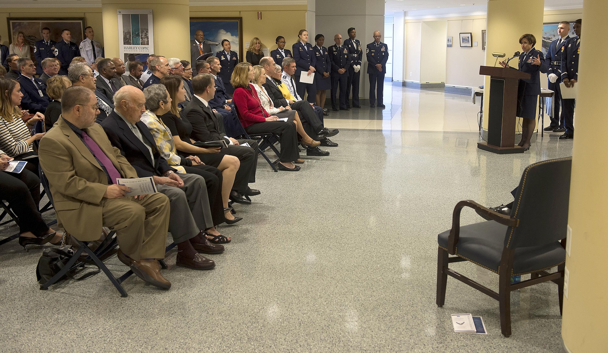 Lt. Gen. Gina Grosso thanks her family during her promotion ceremony in the Pentagon Nov. 16, 2015. Grosso is the 31st Airman to serve as the Air Force's deputy chief of staff for manpower, personnel and services in the 47 years of the position's existence. (U.S. Air Force photo/Jim Varhegyi)