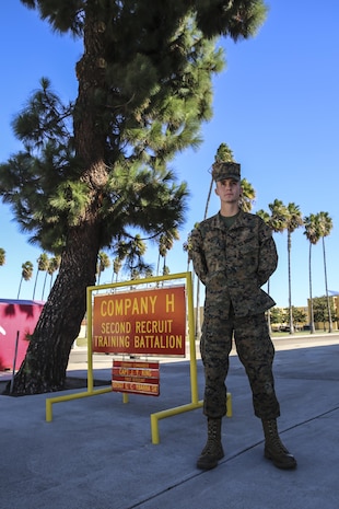 Private Adam M. McMairy, Platoon 2166, Hotel Company, 2nd Recruit Training Battalion, stands next to his squad bay at Marine Corps Recruit Depot San Diego, Nov. 16. Following recruit training, McMairy will move on to the School of Infantry to pursue his path as an infantryman. Today, all male recruits recruited from recruiting stations west of the Mississippi are trained at MCRD San Diego. The depot is responsible for training more than 16,000 recruits annually. Hotel Company graduated recruit training Nov. 20.