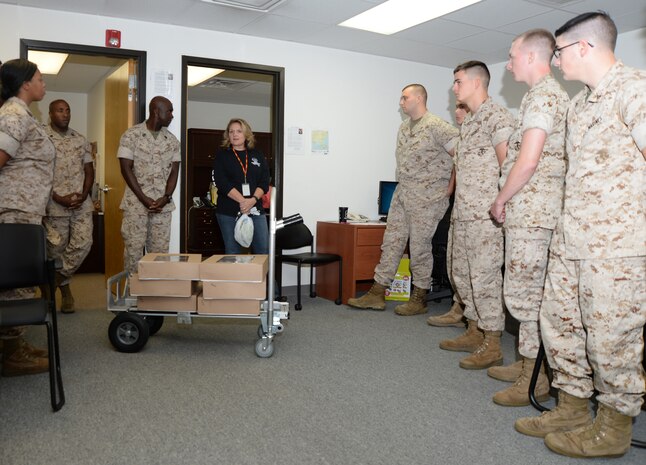 Kim Cleveland, program manager, Substance Abuse Counseling Center, Marine and Family Programs, Marine Corps Logistics Base Albany, speaks to Marines concerning issues relating to drug abuse and prevention as part of the Red Ribbon Week campaign.