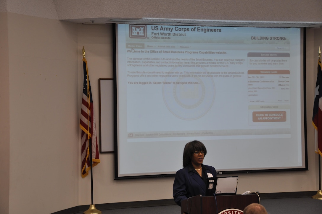 The Fort Worth District's deputy chief for Small Business Programs speaks to small business during a Small Business Forum.  The deputy was recently selected as the Small Business professional of the Year by the Corps Headquarters. 