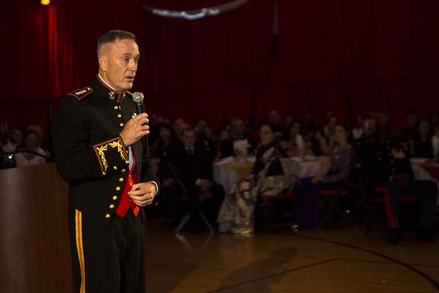 General Joseph F. Dunford, the Chairman of the Joint Chiefs of Staff, speaks to Marines, sailors, families and guests, during the 240th Marine Corps’ birthday ball held by the II Marine Expeditionary Force at Camp Lejeune, N.C., Nov. 7, 2015. Dunford reminisced about how some of his first memories during his time in the Marine Corps were formed at Camp Lejeune.