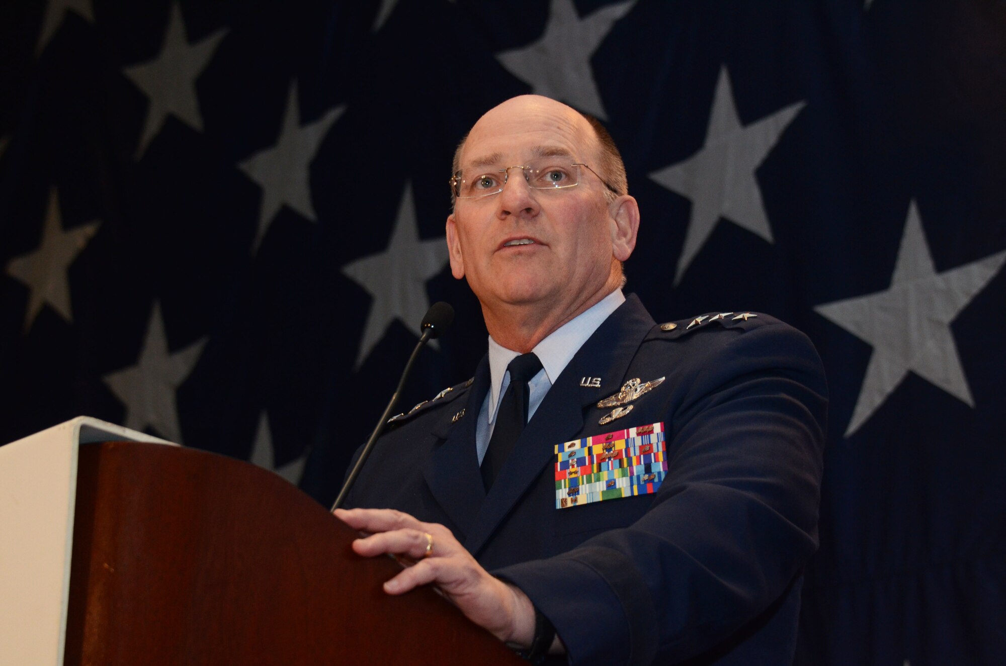 Lt. Gen. James Jackson, chief of Air Force Reserve, Headquarters U.S. Air Force, Washington, D.C., and Air Force Reserve Command commander, speaks to over 700 attendees of the 63rd Annual Atlanta Regional Military Affairs Council Military Appreciation Luncheon in Atlanta, Georgia Nov. 16. “This year, the Air Force Reserve celebrated its 67th birthday,” said Jackson. “The ARMAC has hosted this luncheon for the last 63 years, almost the length of our existence. Thanks to each and every one of you for the support you give to our Airmen.” (U.S. Air Force photo/Don Peek)
