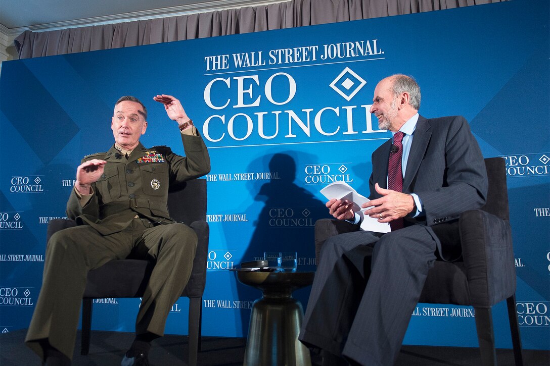 Marine Corps Gen. Joseph F. Dunford Jr., chairman of the Joint Chiefs of Staff, gives remarks on leadership at the Wall Street Journal Chief Executive Officer Council annual meeting in New York City, Nov. 17, 2015. DoD photo by Navy Petty Officer 2nd Class Dominique A. Pineiro
