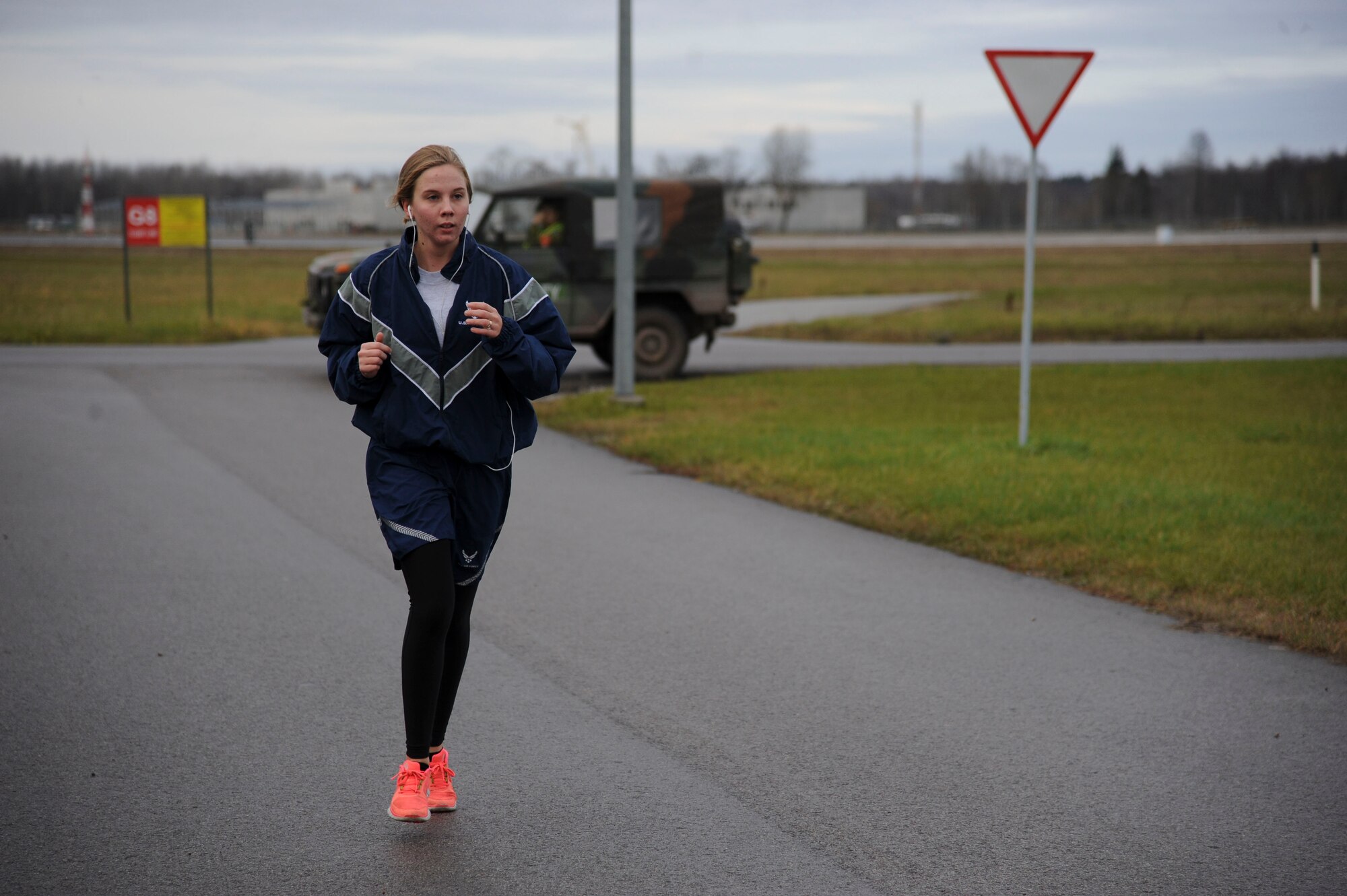 U.S. Air Force Airmen 1st Class Corynn Collins, 74th Expeditionary Fighter Squadron munitions systems conventional crew member, runs during the annual Run for Veteran’s 4.5K fun run at Amari Air Base, Estonia Nov. 13, 2015. Collins, a Florida native, is deployed from Moody Air Force Base, Ga., as part of a theater security package in support of Operation Atlantic Resolve. (U.S. Air Force photo by Andrea Jenkins/Released)