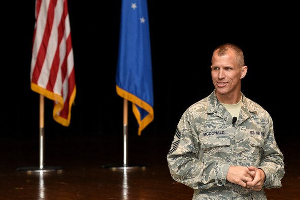 Chief Master Sgt. Steve McDonald, Air Combat Command command chief, talks to Airmen assigned to the 4th Fighter Wing, Nov. 13, 2015, at Seymour Johnson Air Force Base, North Carolina. McDonald discussed the 3-point mission of Gen. “Hawk” Carlisle, ACC commander, winning today’s fight, resiliency and responsibility. (U.S. Air Force photo/Senior Airman Aaron J. Jenne)