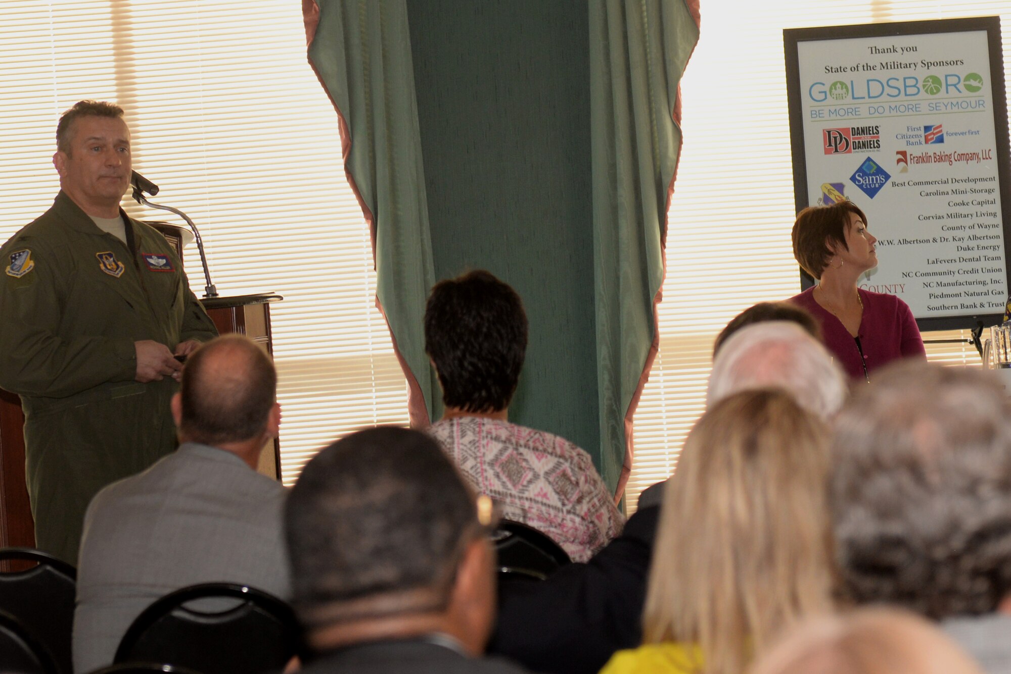 Col. Michael Miller, 916th Air Refueling Wing vice commander, informs community members about the KC-46A Pegasus during the Wayne County Chamber of Commerce State of the Military Briefing, Nov. 12, 2015, at Lane Tree Golf Club in Goldsboro, North Carolina. The KC-46A will provide the 916th ARW with a bigger and more efficient aircraft than the base’s current KC-135 Stratotankers, and as a result, will be replacing them in the coming years. (U.S. Air Force photo/Airman 1st Class Ashley Williamson)