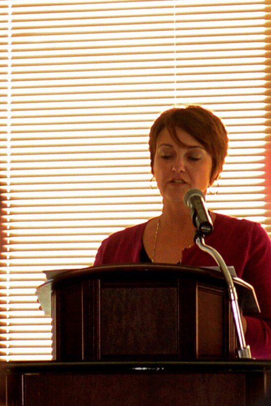 Julie Daniels, Military Affairs Committee chairman, speaks during the Wayne County Chamber of Commerce State of the Military Briefing, Nov. 12, 2015, at Lane Tree Golf Club in Goldsboro, North Carolina. Daniels addressed the audience on how the committee contributes and supports the well-being of the base and what events and political issues the committee provides assistance with. (U.S. Air Force photo/Airman 1st Class Ashley Williamson)