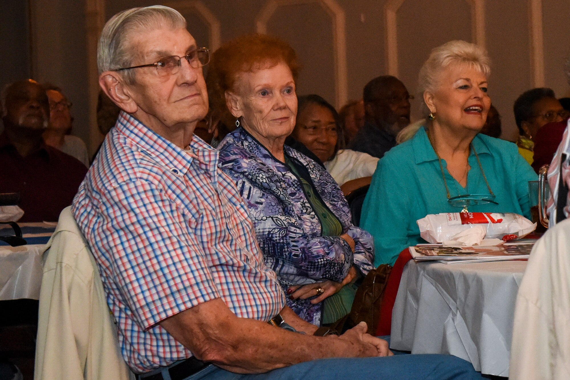Retirees listen to a speech during the Retiree Appreciation Night event, Nov. 12, 2015, at Seymour Johnson Air Force Base, North Carolina. The event featured multiple videos and photos showcasing both new and improved amenities at Seymour Johnson AFB and the Fort Fisher Air Force Recreation Area. (U.S. Air Force photo/Airman Shawna L. Keyes)