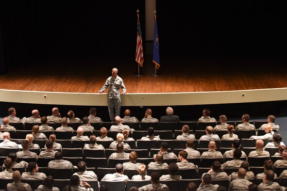 Chief Master Sgt. Steve McDonald, Air Combat Command command chief, speaks during an all-call, Nov. 13, 2015, at Seymour Johnson Air Force Base. McDonald answered questions from the audience, addressed issues facing the Air Force and reinforced the importance of the 4th Fighter Wing and its Airmen in today’s fight. (U.S. Air Force photo/Senior Airman Aaron J. Jenne)