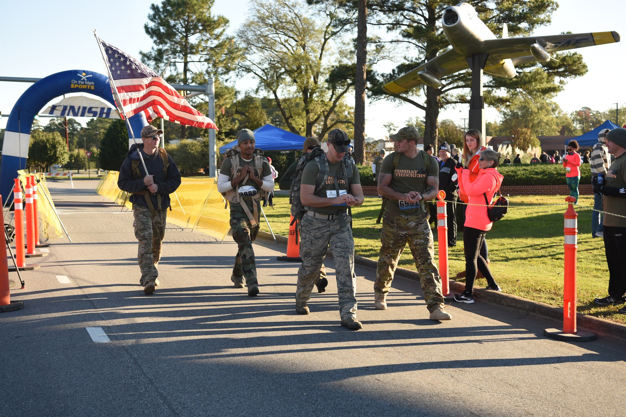Participants in the Run for the Fallen Half-Marathon/5K begin their run, Nov. 14, 2015, at Seymour Johnson Air Force Base, North Carolina. The half-marathon finished at a distance of 13.1 miles and the track began and ended in front of the Wing Headquarters building. (U.S. Air Force photo/Airman Shawna L. Keyes)