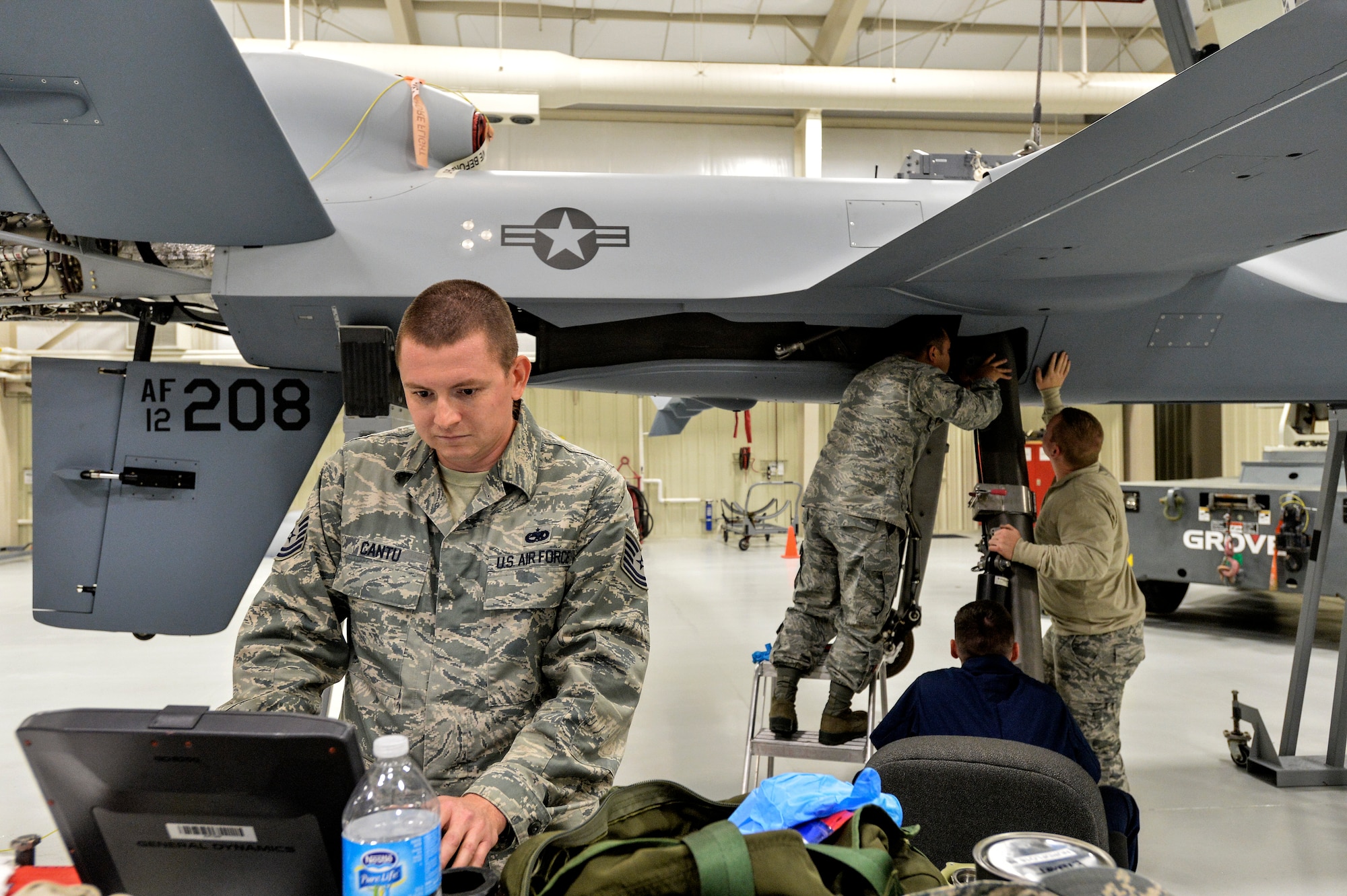 Tech Sgt. Daren Detachment 13 operation location A instructor checks logistics on aircraft parts at Creech Air Force Base, Nevada. Nov. 6, 2015. The classes taught the most at the OL are MQ-9 Commons and MQ-9 Mech. The Commons course offers system knowledge to all RPA maintainers. The Mech class offers advanced maintenance training on the MQ-9 systems and subsystems for Crew Chiefs