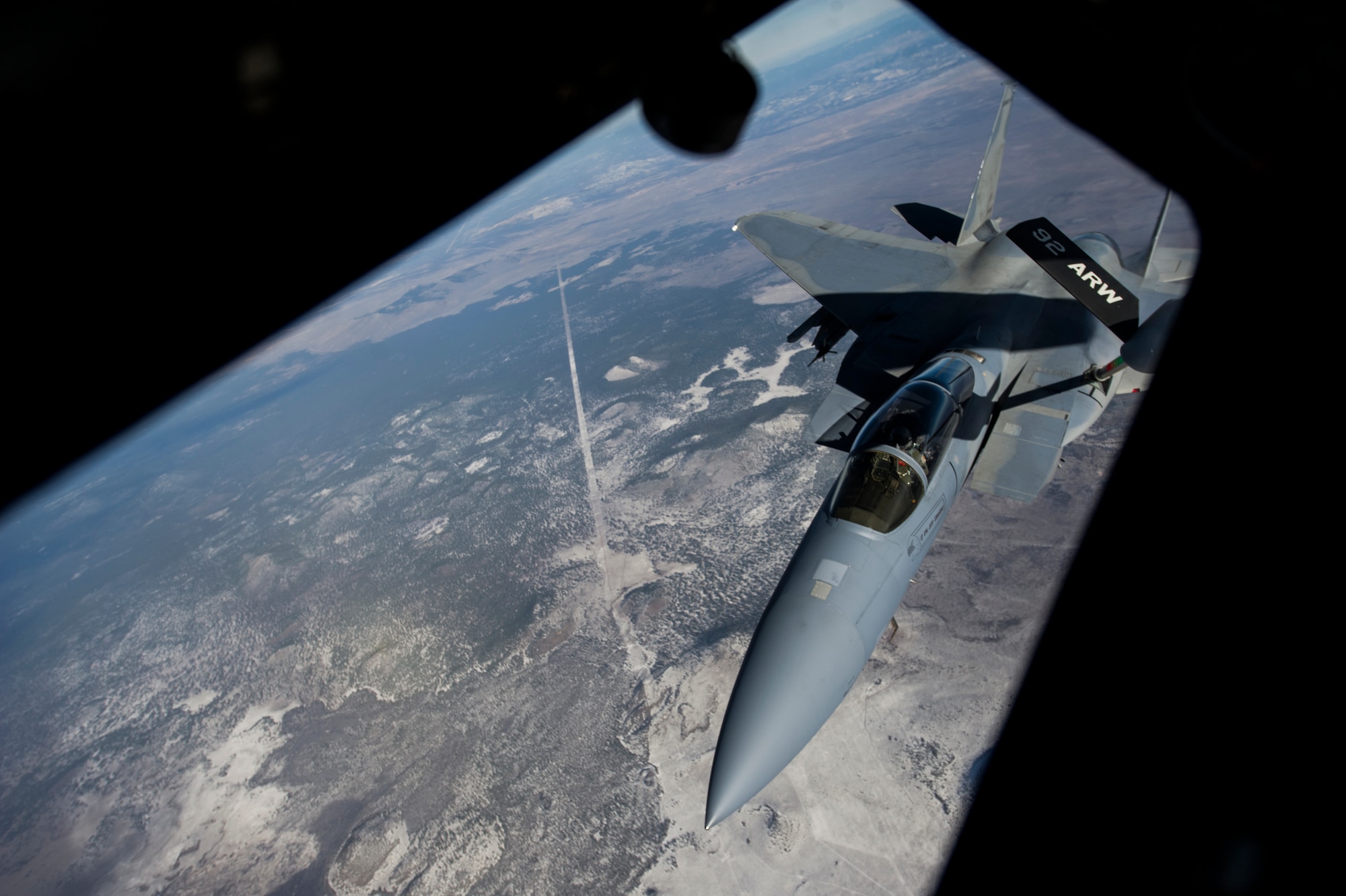 An F-15 Eagle gets refueled by a Fairchild Air Force Base KC-135 during a mission over Oregon Nov. 16, 2015.  During this mission six F-15s were refueled for training purposes. (U.S. Air Force Photo/ Airman 1st Class Sean Campbell)