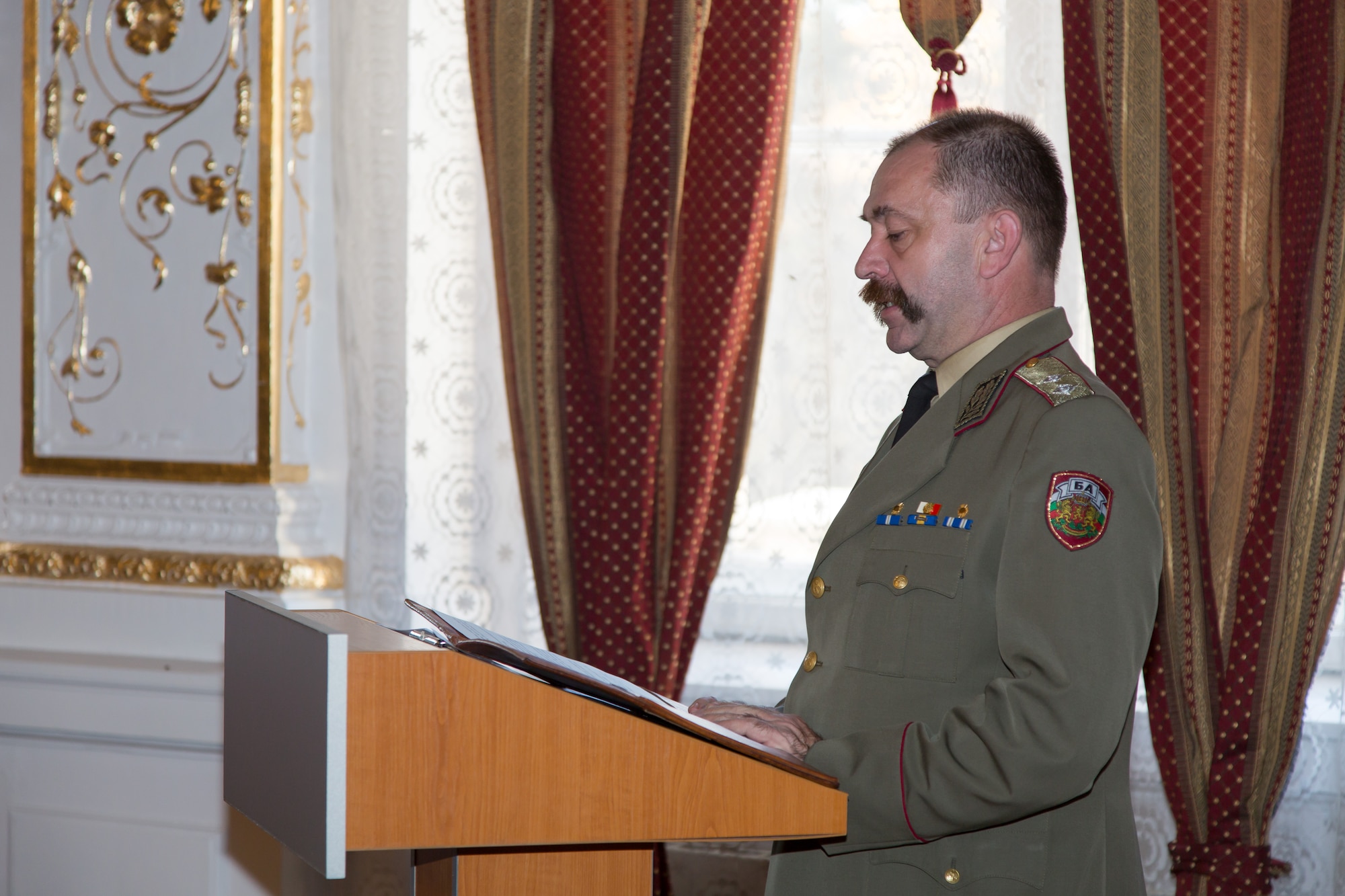 Maj. Gen. Todor Dotchev, Commander Bulgarian Rakovski Defense Staff College, addresses students from the first ever IEAFA combined international officer and NCO PME course graduation held in Sofia, Bulgaria, Nov.13, 2015.  Bulgaria partnered with the U.S. to co-host the inaugural course which included twenty-three students from Bulgaria, Czech Republic, Estonia, and Hungary participated in this inagural course. (U.S. Air Force photo/SMSgt Travis Robbins/Released)