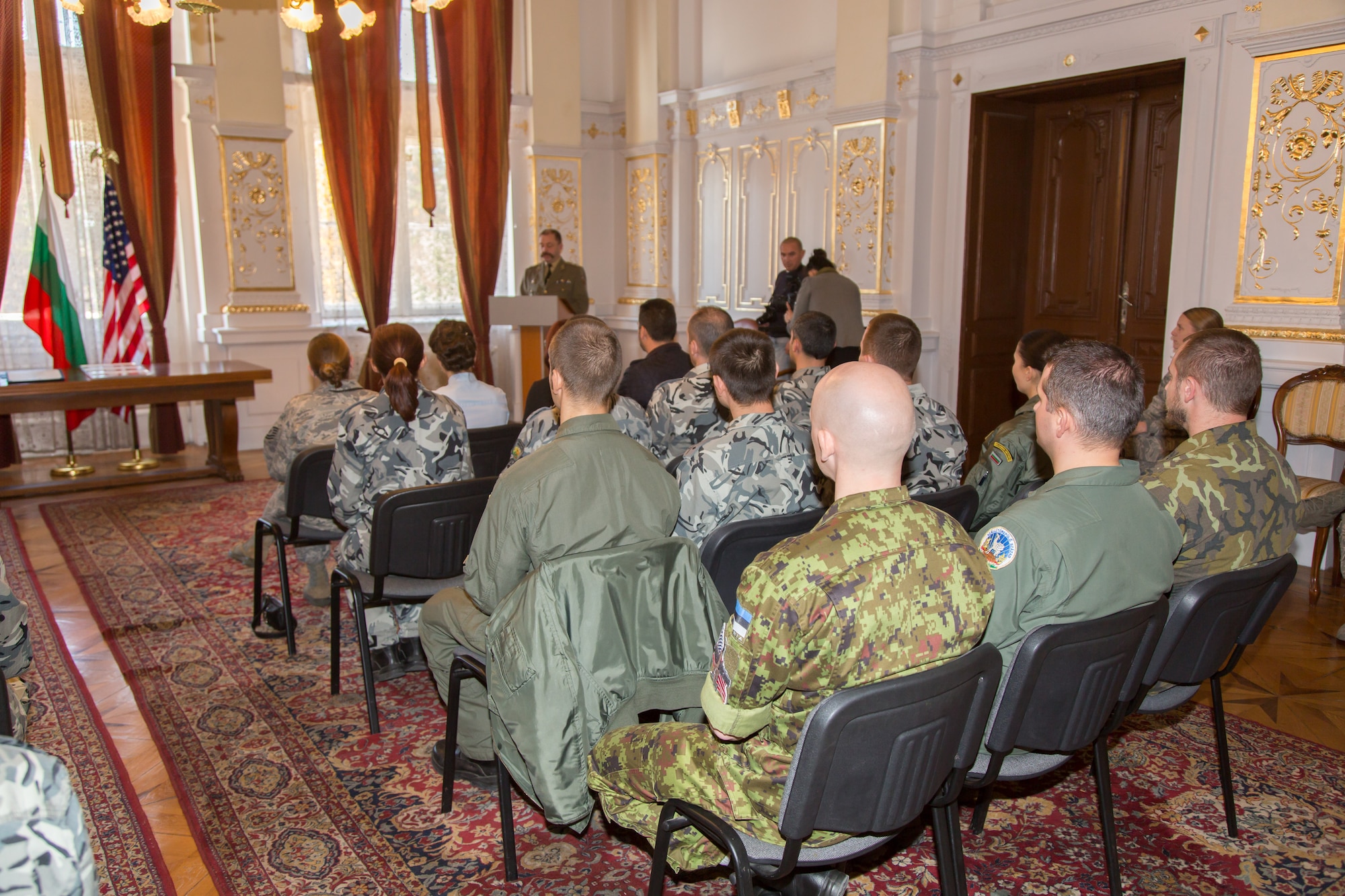 Major General Todor Dotchev, Commander Bulgarian Rakovski Defense Staff College, addresses students from the first ever IEAFA combined international officer and NCO PME course graduation held in Sofia, Bulgaria, Nov. 13, 2015.  Twenty-three students from Bulgaria, Czech Republic, Estonia, and Hungary participated in this inagural course. (U.S. Air Force photo/SMSgt Travis Robbins/Released)