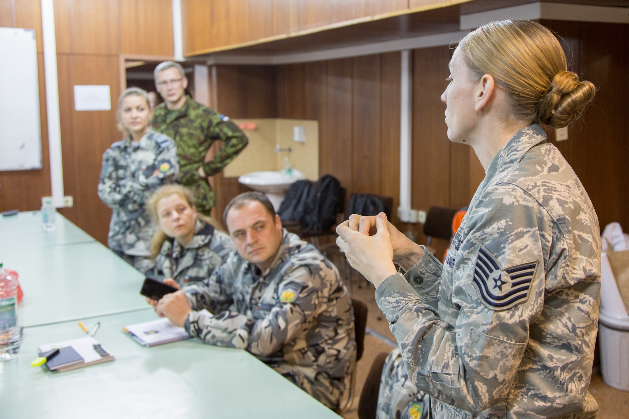Tech. Sgt. Sandra Wellman, a Kisling NCOA instructor, talks about the critical role NCOs play in USAF operations with international students during the first ever IEAFA combined international officer and NCO PME course held in Sofia, Bulgaria, Nov. 2-13, 2015.  Twenty-three students from Bulgaria, Czech Republic, Estonia, and Hungary participated in this inagural course (U.S. Air Force photo/SMSgt Travis Robbins/Released)