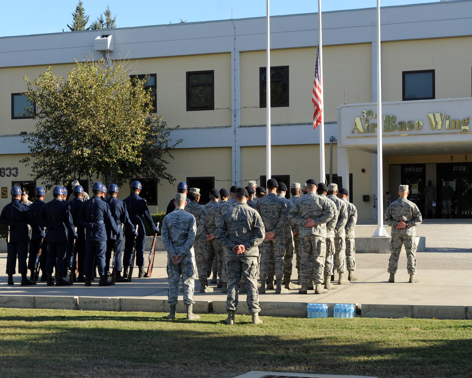 Turkish and U.S. Airmen join together in a Veterans Day ceremony Nov. 11, 2015, at Incirlik Air Base, Turkey. Veterans Day is a U.S. federal holiday to honor America’s veterans for their patriotism, love of country and willingness to serve and sacrifice for the common good. (U.S. Air Force photo by Airman 1st Class Daniel Lile/Released)