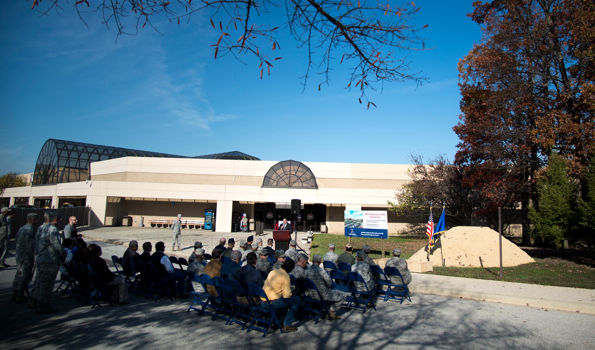 Tony Pares, Army and Air Force Exchange Service Base Exchange general manager, speaks to community members about the start of the BX’s expansion and renovation during a ground breaking ceremony at Joint Base Andrews, Md., Nov. 17, 2015. The new facility is expected to serve at least 90,000 active, guard and retired military members in the National Capital Region. (U.S. Air Force photo/Airman 1st Class Philip Bryant)