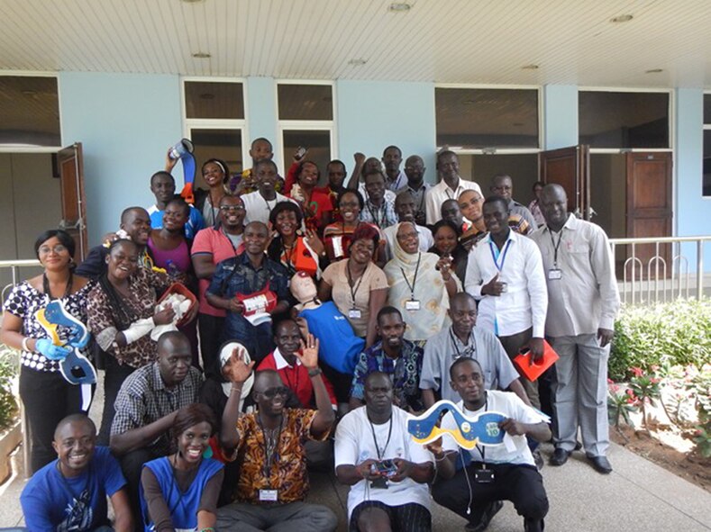 Students of a first responder training course from Gambia and Cameroon pose for a group photo after completing a mass casualty exercise a the Kofi Annan International Peacekeeping Training Centre in Accura, Ghana. Lt. Col. Courtney Finkbeiner and Capt. Stacey Vierra, both from the 341st Medical Operations Squadron at Malmstrom Air Force Base, Mont., were instructors for the course. (Courtesy photo)  