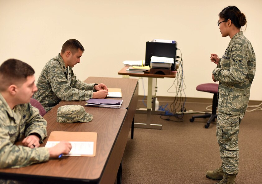 Team Malmstrom members learn how to properly send items from one duty station to another during a briefing at the Traffic Management Office at Malmstrom Air Force Base, Mont. Nov. 16, 2015. In order to properly ship items in a timely manner, military members must coordinate with the TMO office 21 days prior to departure. (U.S. Air Force photo/Airman Collin Schmidt) 