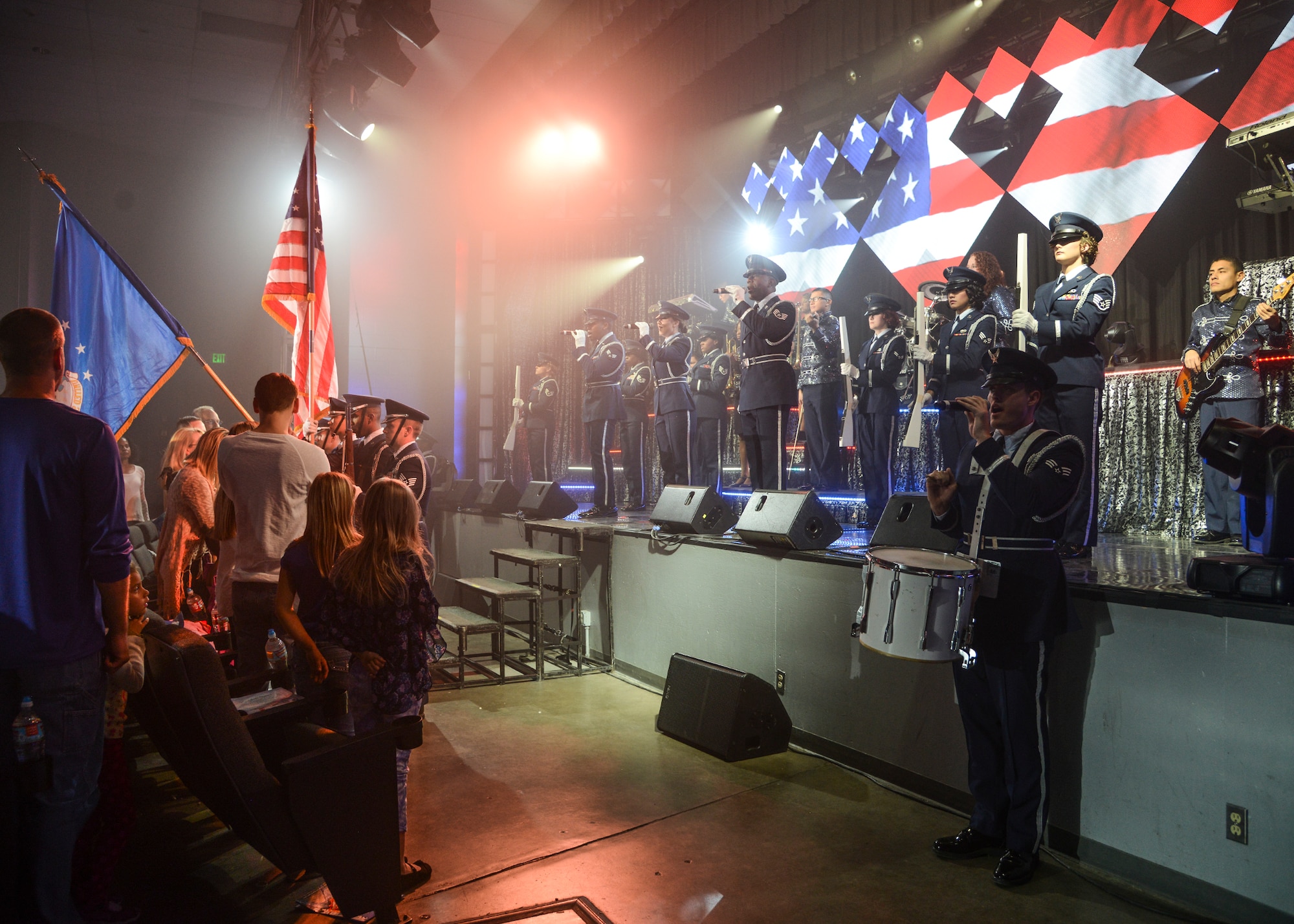 Tops in Blue performs the national anthem at the beginning of the show; members of the team learned the honor guard procedures for the shows. (U.S. Air Force photo by Rebecca Amber)