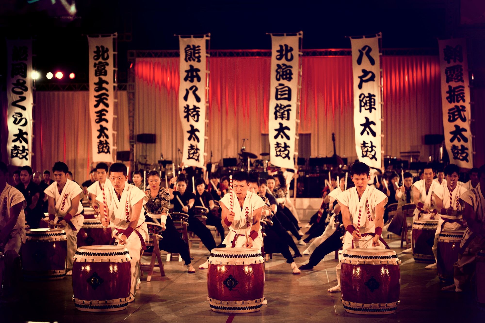 The Japan Self-Defense Force drum team performs during the Japan Self-Defense Force Marching Festival at the Nippon Budokan Arena in Tokyo, Japan, Nov. 13, 2015. The show featured performances by more than one thousand musicians from various marching bands and drill teams throughout each branch of the JSDF as well as U.S. Army, Navy, Marine Corps and Air Force bands. (U.S. Air Force photo by Airman 1st Class Delano Scott/Released)
