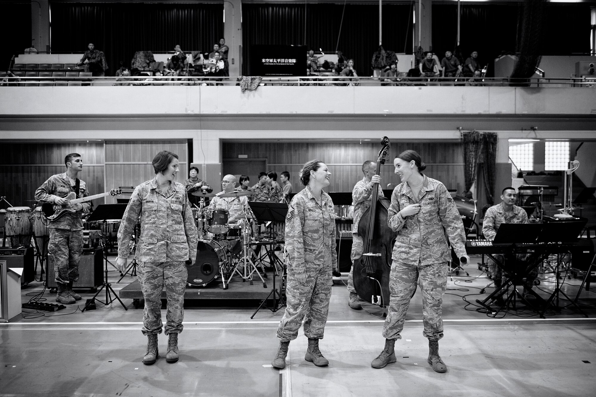 U.S. Air Force Band of the Pacific members prepare to for a rehearsal at Camp Asaka, Japan, Nov. 10, 2015. The Band of the Pacific rehearsed alongside 12 other bands for three days to ensure a smooth performance. (U.S. Air Force photo by Airman 1st Class Delano Scott/Released)