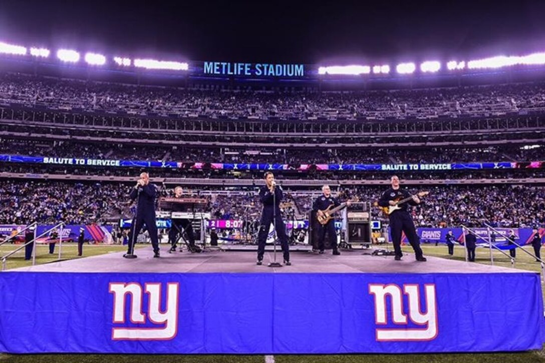 The United States Air Force Band Max Impact performed a special halftime show at MetLife Stadium as part of the New York Giants' Salute to Service. (U.S. Air Force Photo by Senior Master Sgt. Kevin Burns/released)