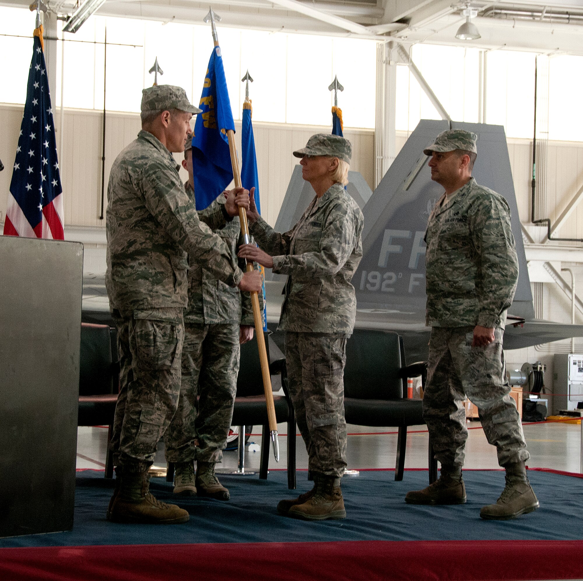 The 192nd Mission Support Group celebrated a change of command ceremony October 18, 2015, at Joint Base Langley-Eustis, Virginia. Col. Toni M. Lord assumed command of the Mission Support Group from Col. Jeffery L. Ryan. The 192nd MSG is comprised of four Squadrons with more than 340 personnel supporting an array of missions including security, personnel, communications, civil engineering, supply chain management, and logistics readiness. (U.S. Air National Guard photo by Master Sgt. Carlos J. Claudio)
