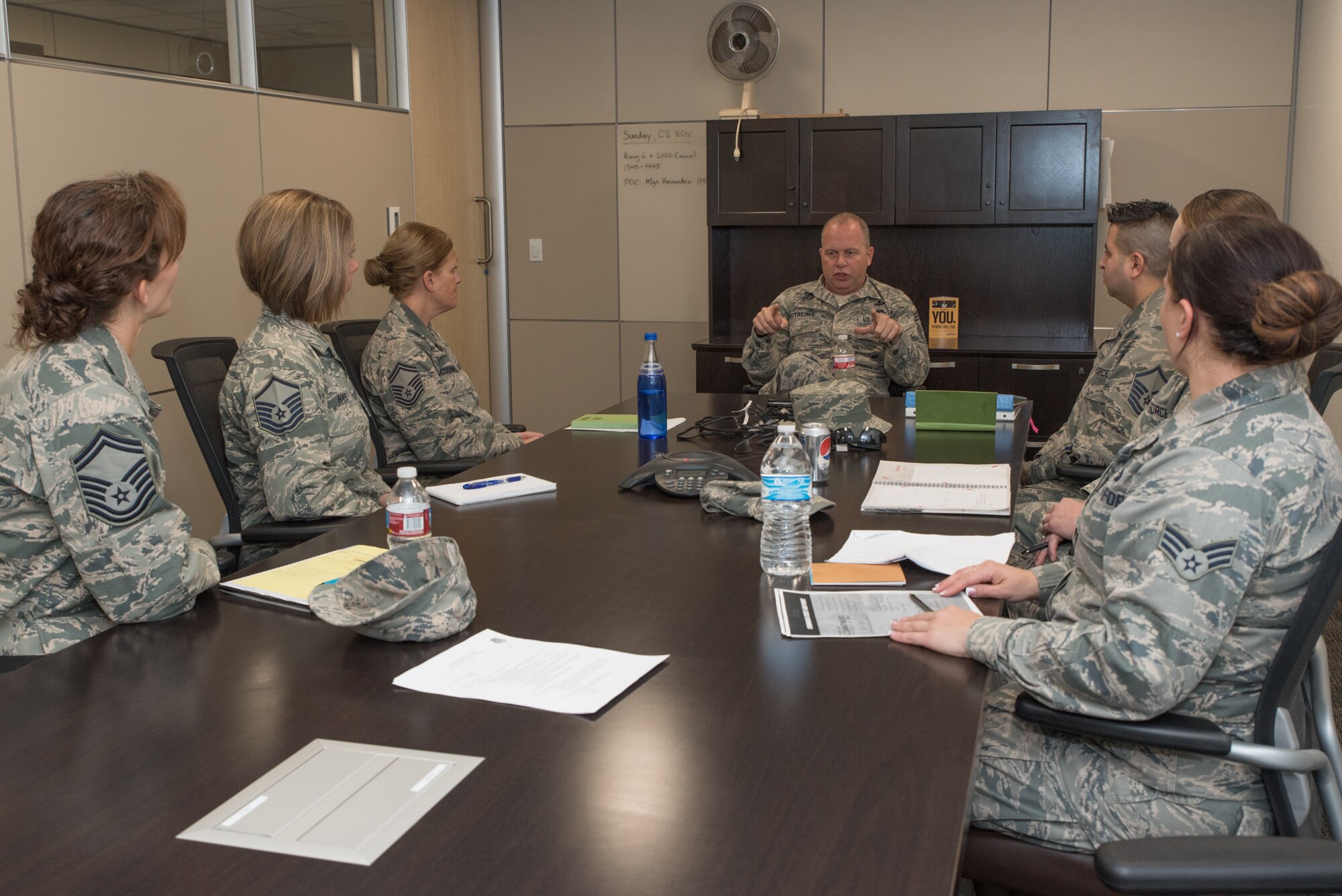 U.S. Air Force Chief Master Sgt. James W. Hotaling, command chief master sergeant of the Air National Guard speaks to the 153rd Airlift Wing Senior NCO and Rising Six councils, Nov. 8, 2015 in Cheyenne, Wyoming. Hotaling addressed issues specific to the group and listened to feedback about the effectiveness and chanllenges of the individual councils. (U.S. Air National Guard photo by Master Sgt. Leisa Grant/released)