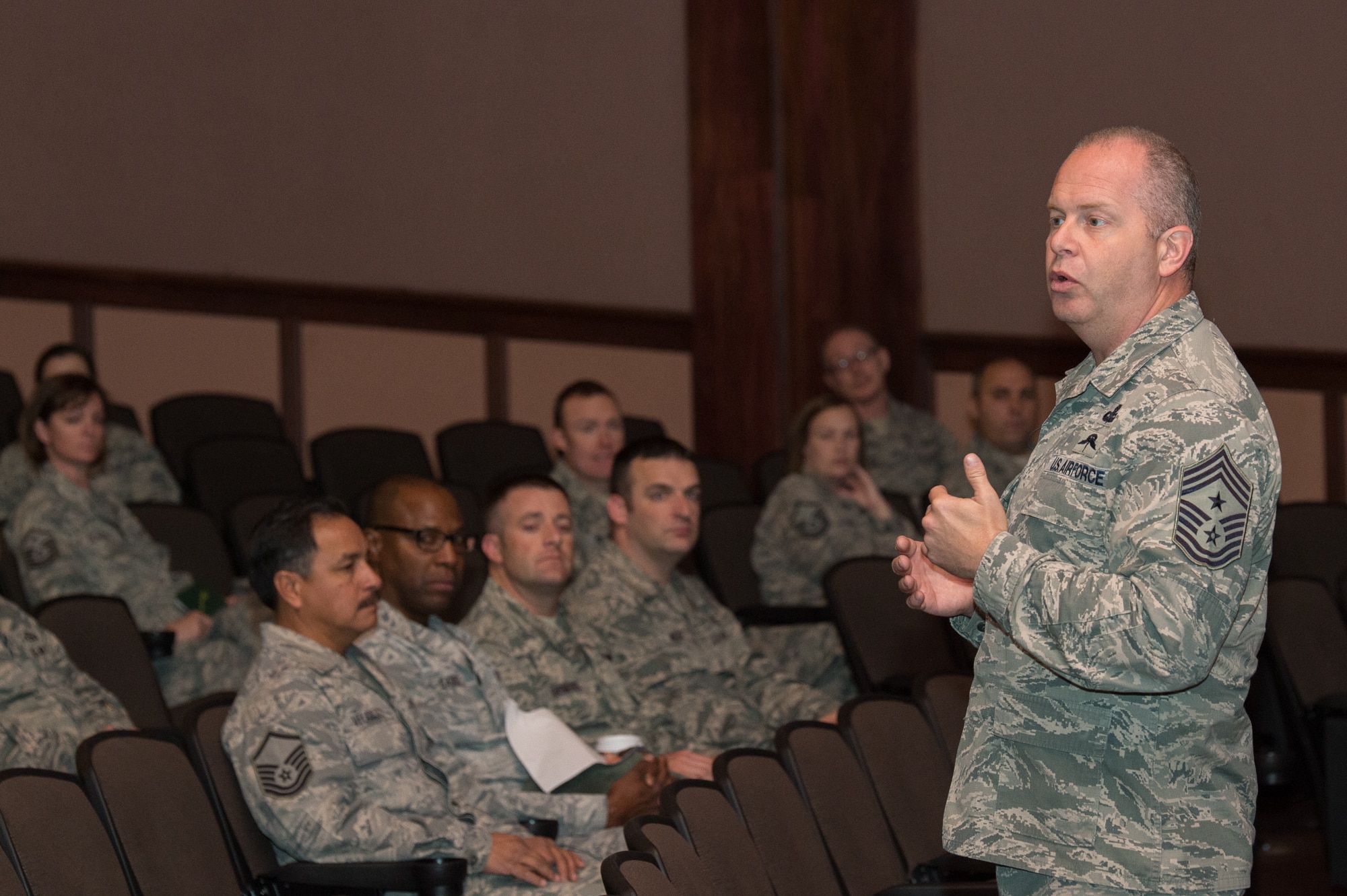 U.S. Air Force Chief Master Sgt. James W. Hotaling, command chief master sergeant of the Air National Guard speaks to senior noncommissioned officers assigned to the 153rd Airlift Wing, Wyoming Air National Guard, Nov. 8, 2015 in Cheyenne, Wyoming. Hotaling discussed renewing our commitment to the profession of arms, health of the force, and recognizing and embracing our accomplishments. (U.S. Air National Guard photo by Master Sgt. Charles Delano/released)