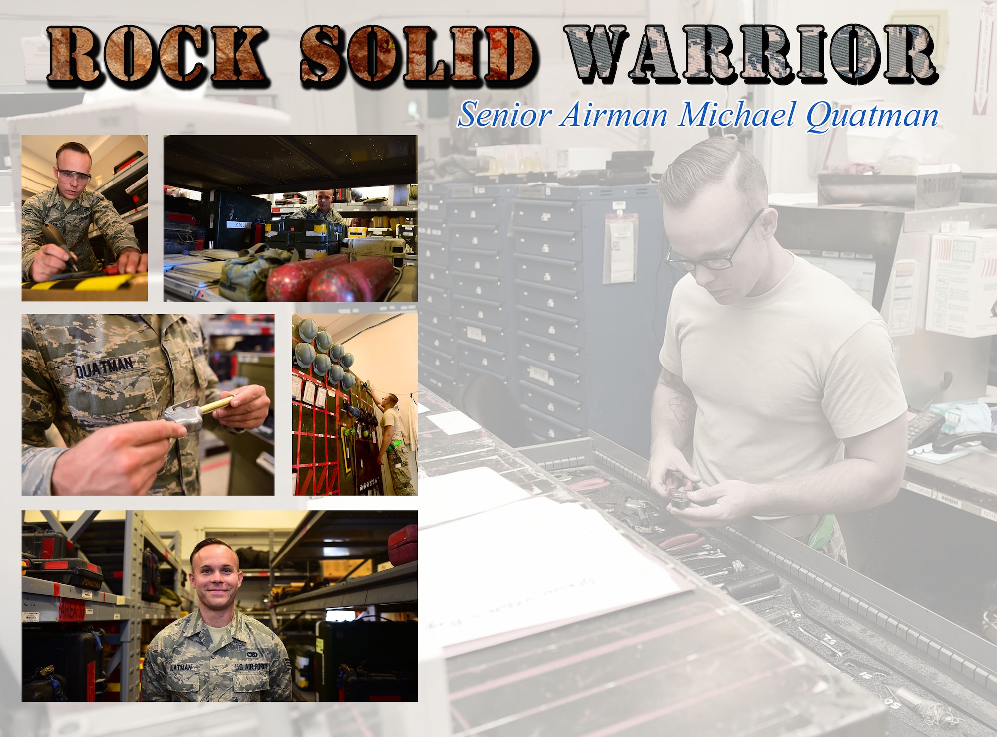 This week’s Rock Solid Warrior is Senior Airman Michael Quatman, a 386th Expeditionary Aircraft Maintenance Squadron fuels system journeyman.  Johnson is deployed from the 371th Maintenance Squadron at Dyess Air Force Base, Texas.