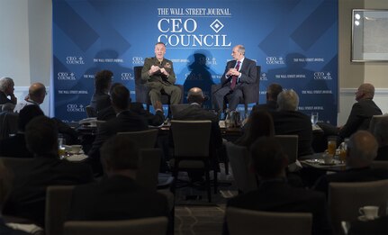 Marine Corps Gen. Joseph F. Dunford Jr., the 19th Chairman of the Joint Chiefs of Staff, gives remarks on leadership at the Wall Street Journal Chief Executive Officer Council annual meeting Nov. 17, 2015. (Department of Defense photo by Petty Officer 2nd Class Dominique A. Pineiro)