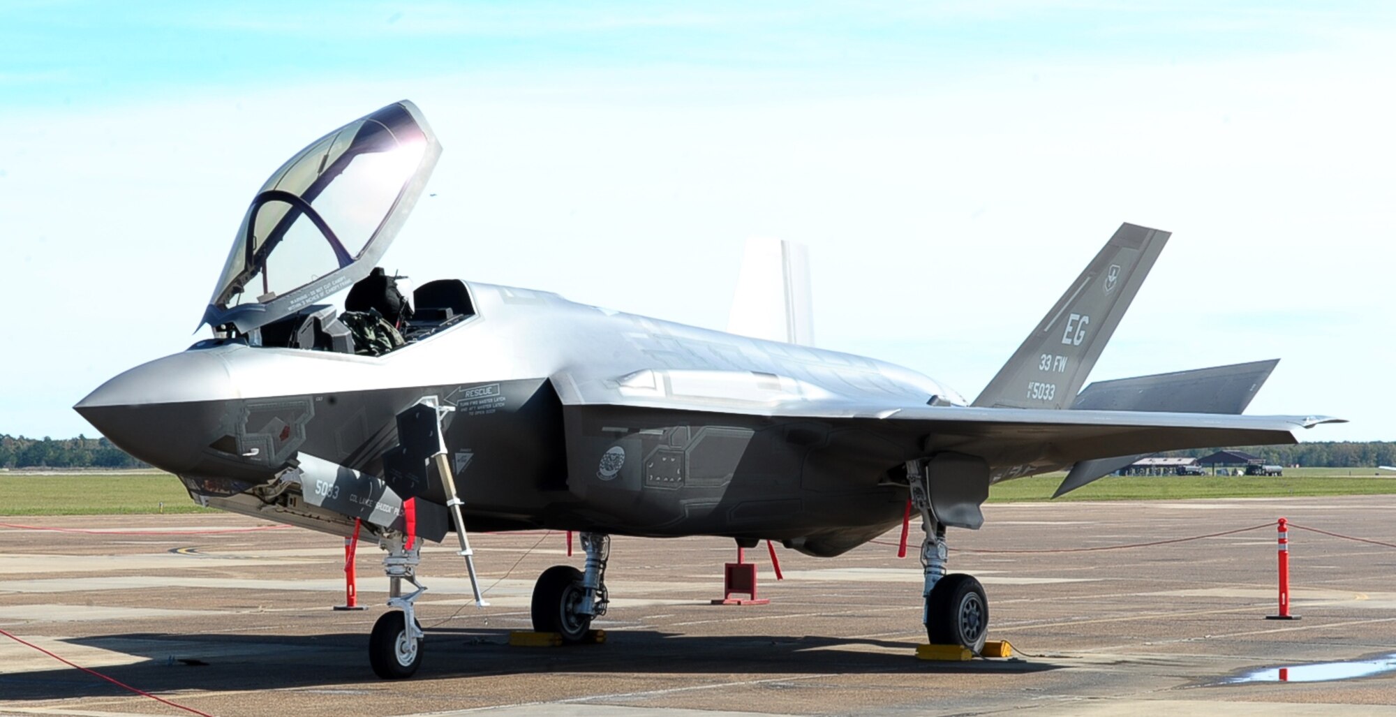 An F-35A Lightning II fighter aircraft from Eglin Air Force Base, Florida, sits on the flightline of Columbus AFB, Mississippi, Nov. 13. Two F-35 aircraft and their pilots visited Columbus to talk about the aircraft’s fighter capabilities with Team BLAZE Airmen and visiting Mississippi State University ROTC students. (U.S. Air Force photo/Senior Airman Kaleb Snay)