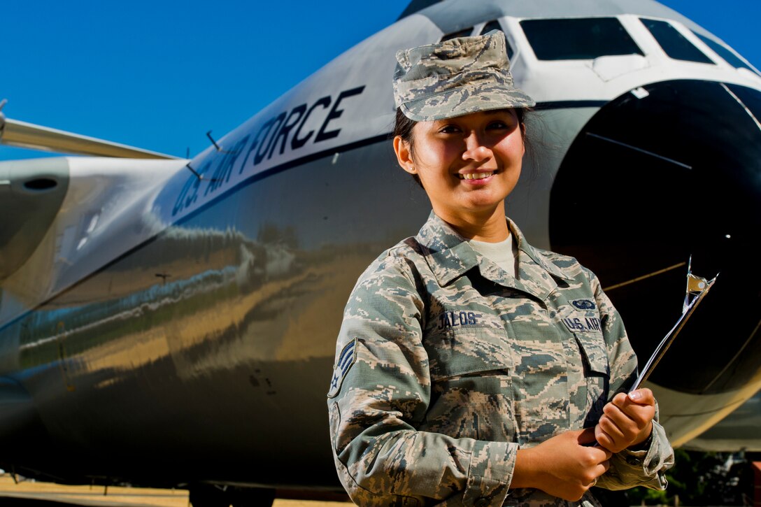 Air Force Reserve Senior Airman Anne Venice Jalos, 446th Airlift Wing finance manager, stands in Heritage Park at McChord Field, Wash., Aug. 7, 2015. Jalos became a U.S. citizen after completing Air Force basic military training. U.S. Air Force Reserve photo by Senior Airman Daniel Liddicoet 