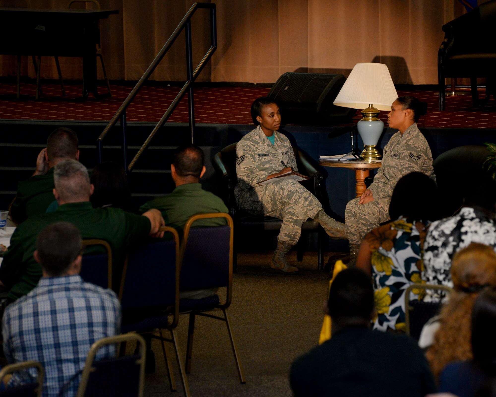 Staff Sgts. Porshae McMillan, left, and Erica Hood, Barksdale Sexual Assault Theater Group actors, perform during the theatrical play “A Day in the Life of a Leader” at Barksdale Air Force Base, La., Nov. 13, 2015. The common theme of the performances was to demonstrate healthy ways to overcome inter and intrapersonal harm. (U.S. Air Force photo/ Senior Airman Jannelle Dickey)