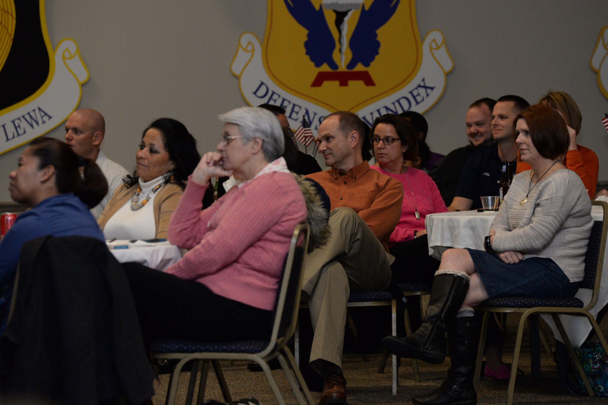Audience members watch a theatrical play “A Day in the Life of a Leader” at Barksdale Air Force Base, La., Nov. 13, 2015. The Barksdale Sexual Assault Theater Group performed during an event hosted by the Barksdale Total Force Development Council to support Col. Kristin Goodwin’s, 2nd Bomb Wing commander, 2015 initiative “The Year of the Leader.” (U.S. Air Force photo/ Senior Airman Jannelle Dickey)